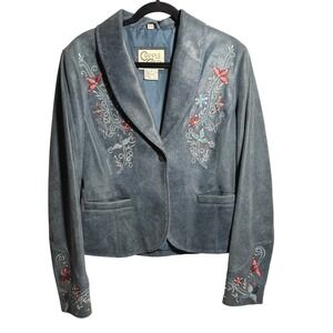 Cripple Creek Leather Jacket Blue Floral Embroidered Western Womens M Boho Rodeo